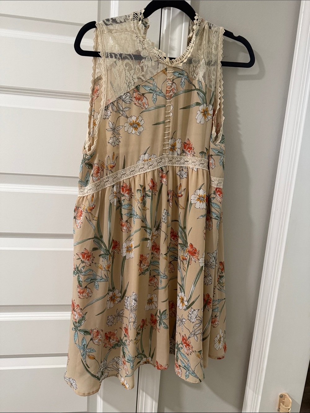Umgee Beige Floral Lace Trim Tank Dress